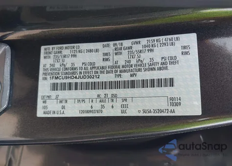 2018 Ford Escape Sel из США, поврежденный, VIN 1FMCU9HD4JUD30212